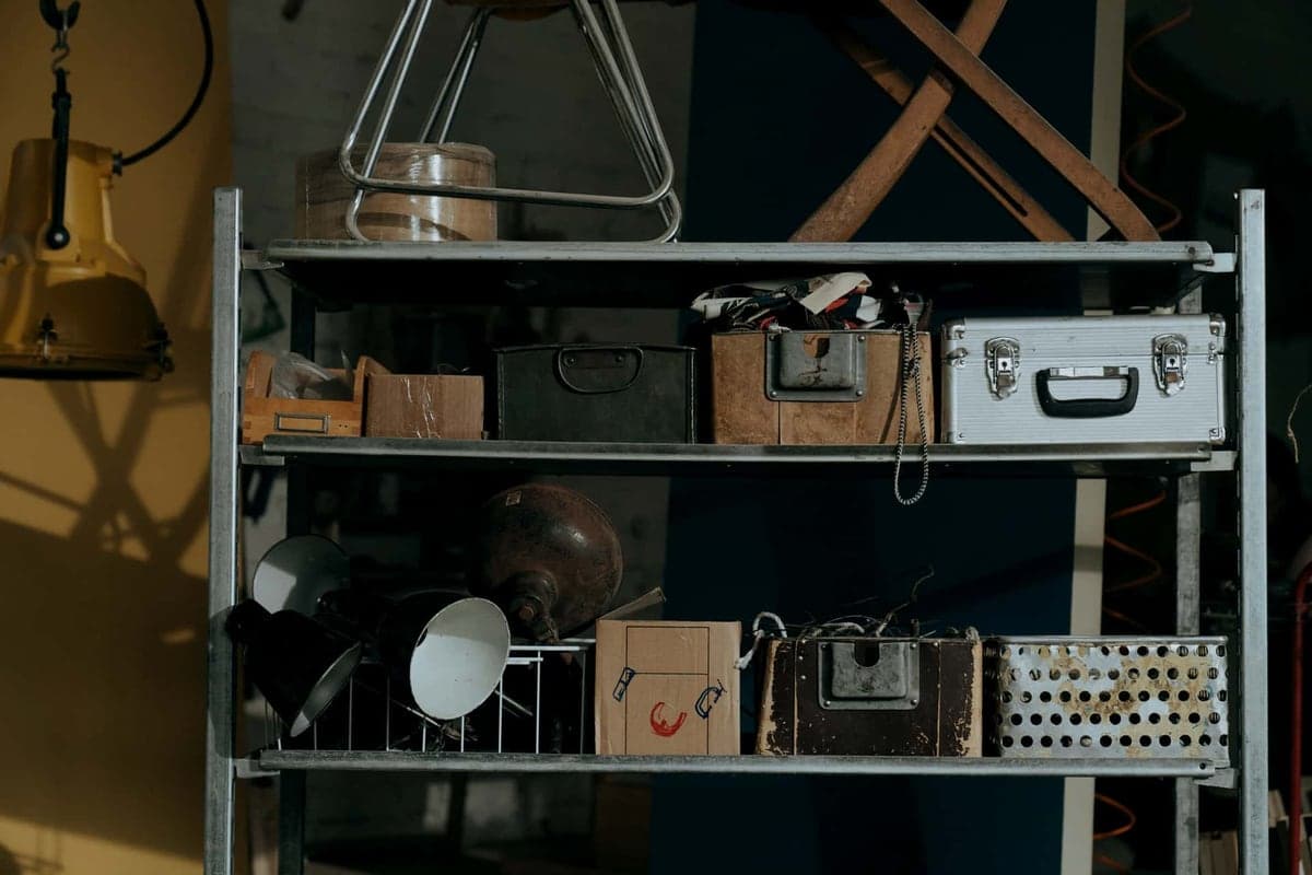 Boxes and totes stored on an overhead rack near a garage ceiling
