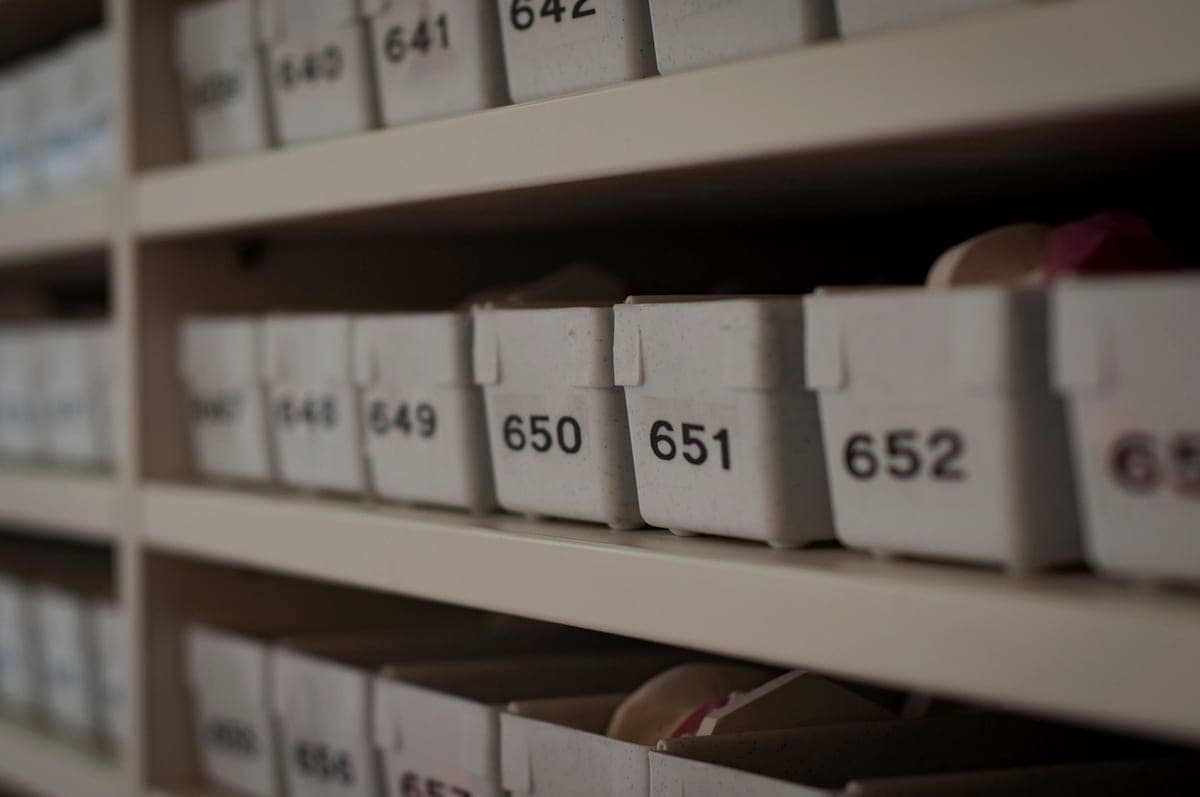 Numbered storage containers filling the depth of open shelving