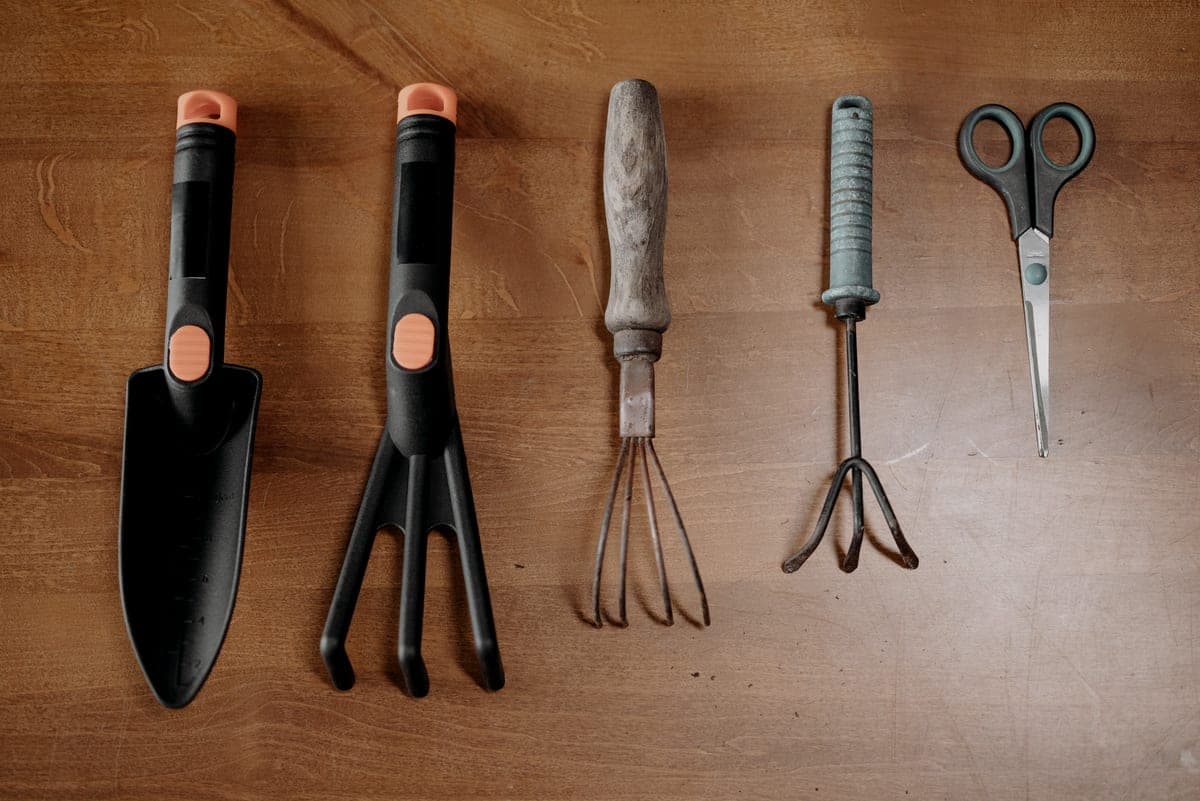 Garden tools including a rake and shovel arranged on a wooden surface
