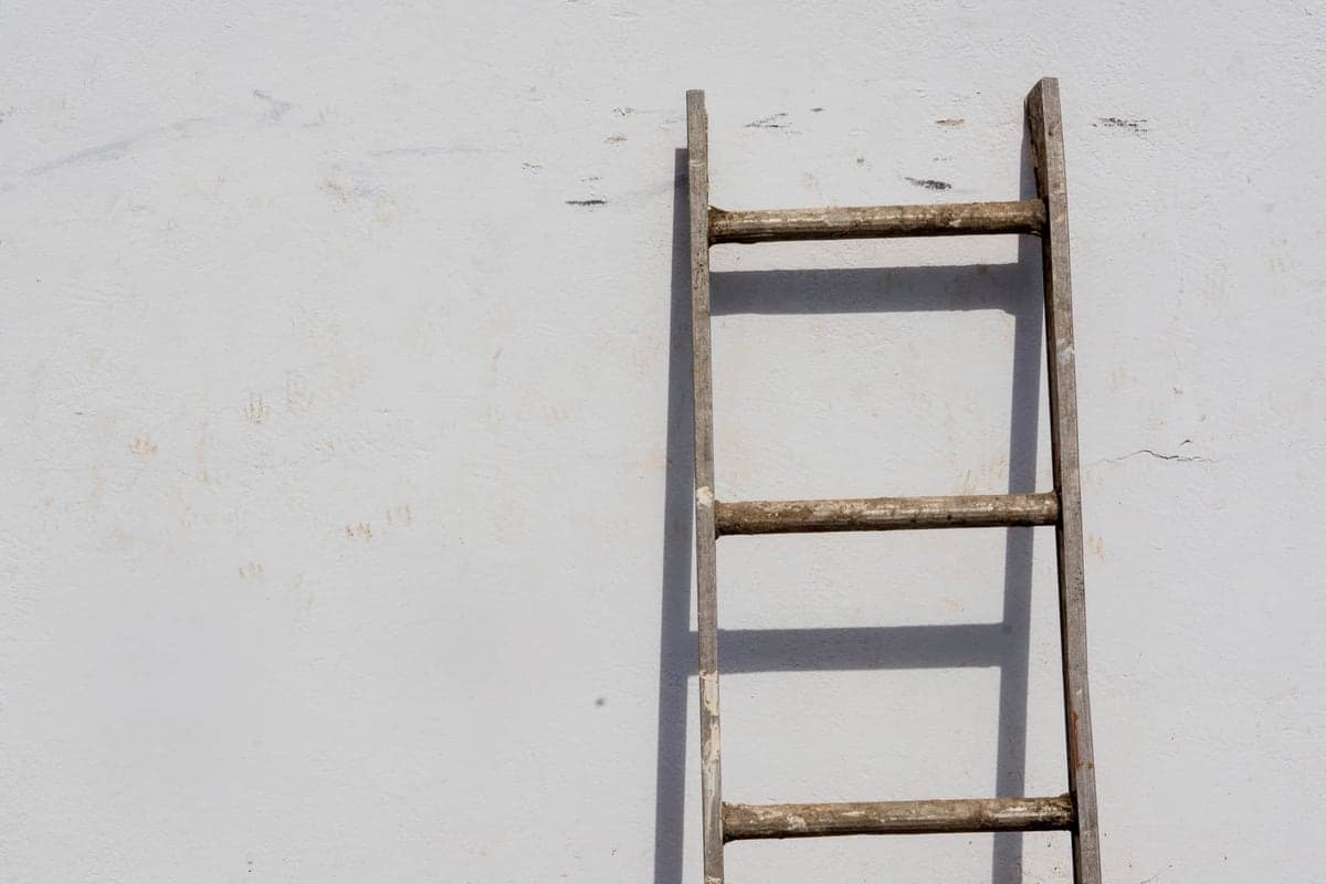A ladder leaning against a garage wall