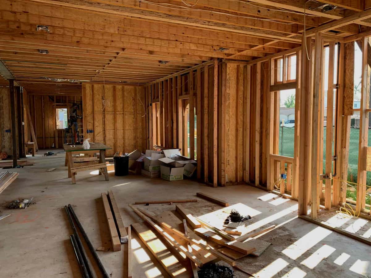 Timber wall studs and framing exposed during construction
